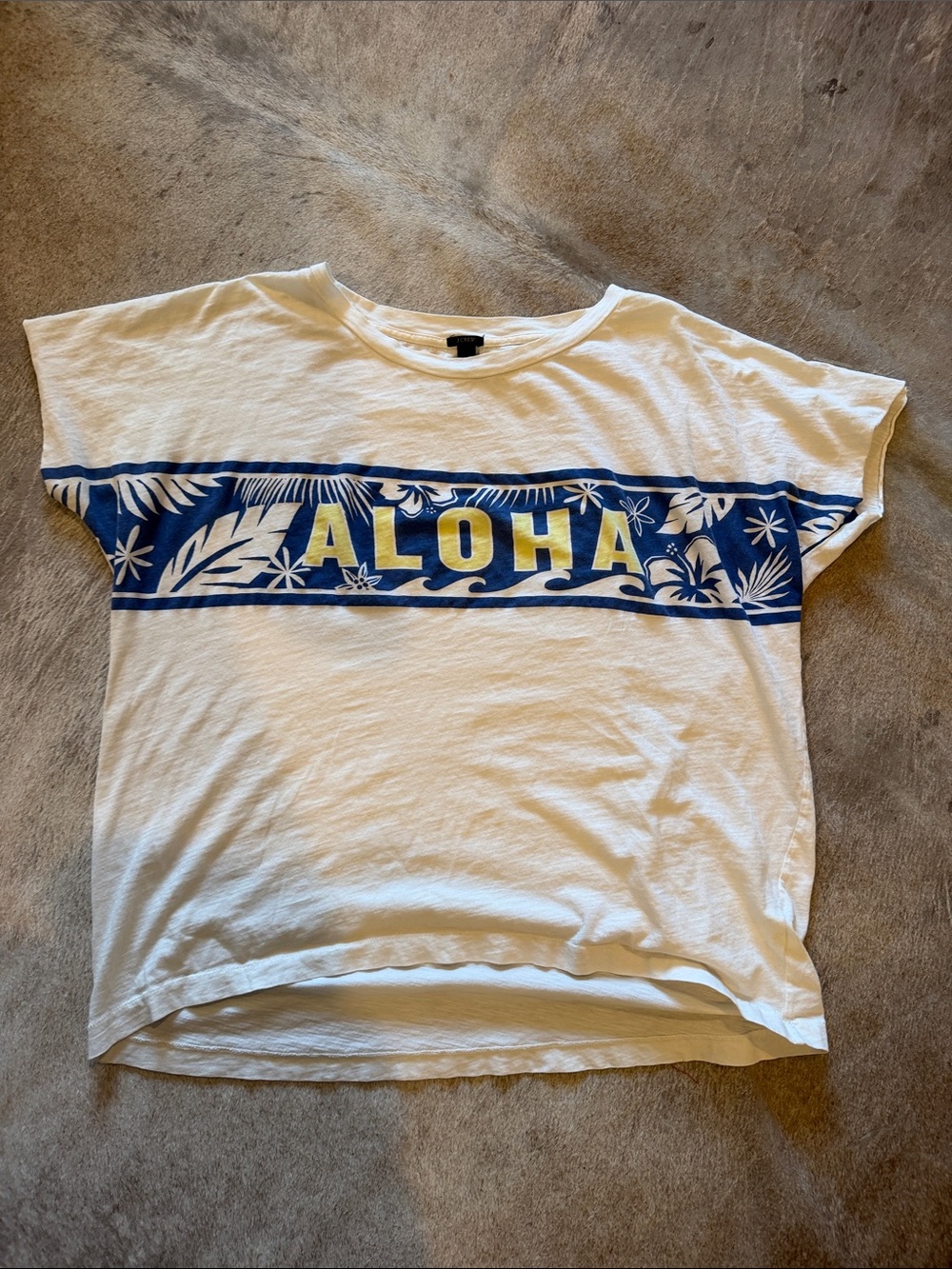 J. Crew White Tee with Blue and Yellow ALOHA Print